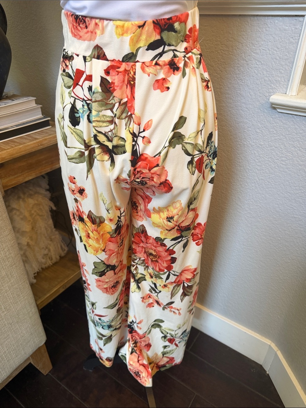 JLUXLABEL Boho Floral Wide Leg Pants High Waist Flowy Palazzo Cream Multi SZ M - Picture 4 of 7
